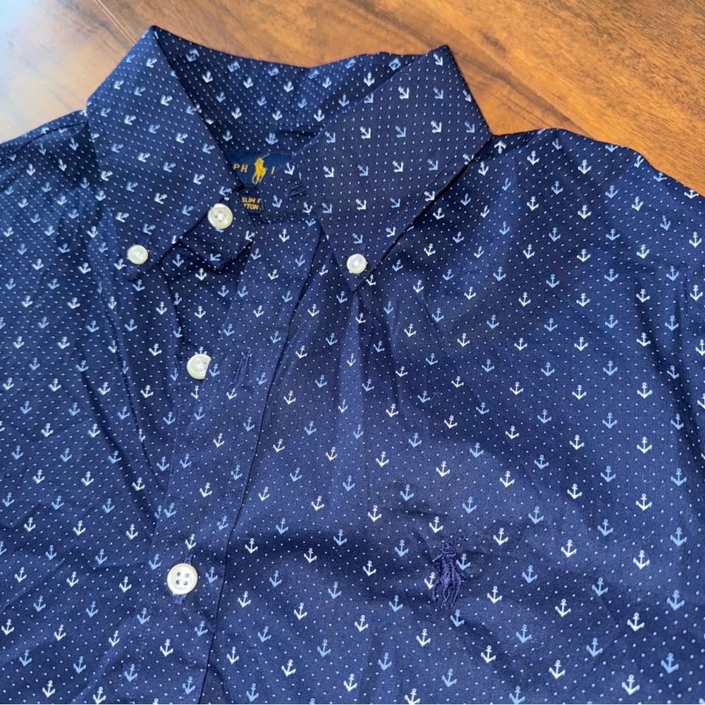 NWT Ralph Lauren Slim Fit Anchor Print Shirt Navy Blue Cotton Stretch Mens Small - Picture 10 of 10